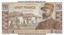 Saint Pierre and Miquelon, 20 Francs, 1950/1960, UNC, p24
 Serial Number: B.81.31414
Estimate: 100-200 USD