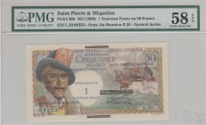 Saint Pierre and Miquelon, 1 Nouveau Franc on50 Francs, 1960, AUNC, p30b
PMG 58 EPQ, Serial Number: L.30 08235
Estimate: 400-800 USD