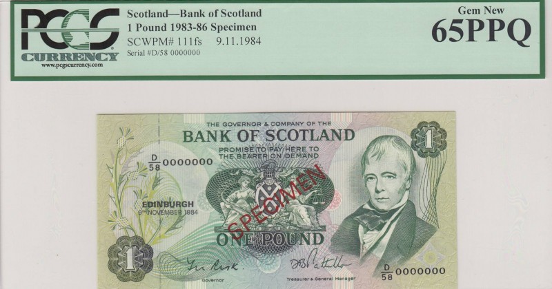 Scothand, 1 Pound, 1983-86, UNC, p111fs, SPECIMEN
PCGS 65 PPQ, Serial Number: D...