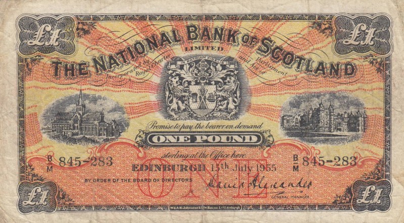 Scotland, 1 Pound, 1955, VF, p258c
 Serial Number: B/M 845-283
Estimate: 15-30...