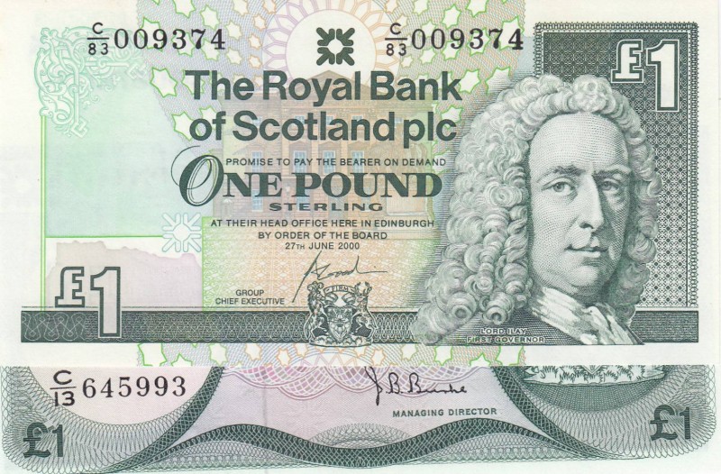 Scotland, 1 Pound, UNC, 
1 Pound ÇİL,p351; 1 Pound 1981 ÇİL, p336, Serial Numbe...