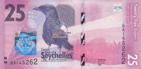 Seychelles, 25 Rupees, 2016, UNC, p48
 Serial Number: BA145262
Estimate: 10-20 USD