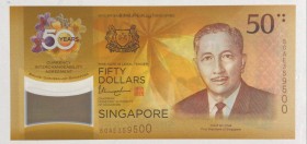 Singapore, 50 Dollars, 2017, UNC, p62
50 years of currency interchangeability agreement commemorative polymer plastic banknote, Serial Number: 50AE35...