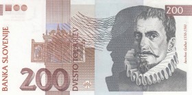 Slovenia, 200 Tlarjev, 2001, UNC, p15c
 Serial Number: RF926429
Estimate: 15-30 USD