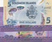 Solomon Islands, Total 3 banknotes
5 Dollars, 2019, UNC, pNew, polymer plastic banknote; 20 Dollars(2), 2017, UNC, p34
Estimate: 10-20 USD