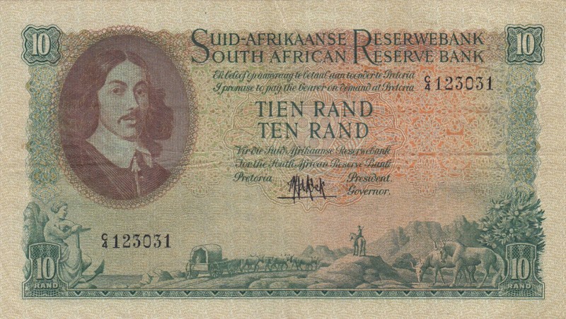 South Africa, 10 Rand, 1961/65, VF, p107a
 Serial Number: C4 25031
Estimate: 1...