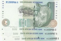 South Africa, 10 Rand, 1999, UNC, p123b, Consecutive serial numbers, total 3 banknotes
 Serial Number: BS280966-67-68
Estimate: 10-20 USD