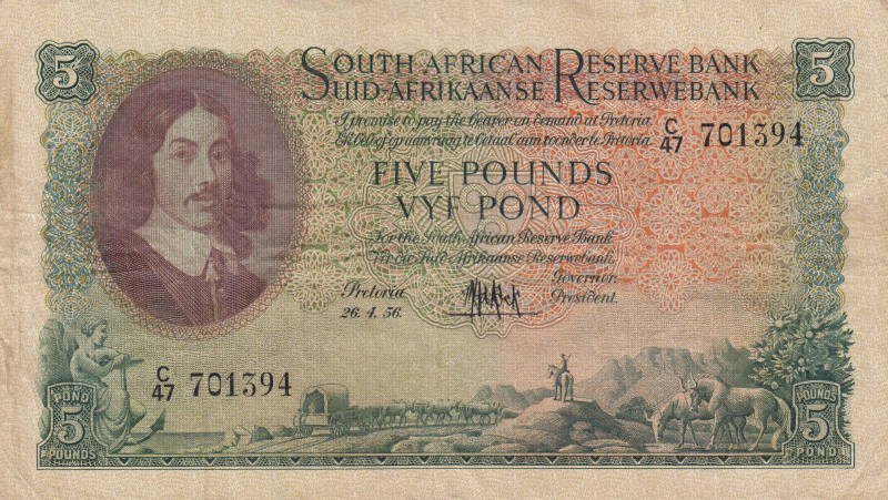 South Africa, 5 Pounds, 1956, VF, p96c
 Serial Number: C47 701394
Estimate: 35...