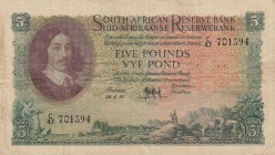 South Africa, 5 Pounds, 1956, VF, p96c
 Serial Number: C47 701394
Estimate: 35-70 USD