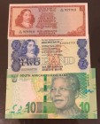 South Africa, Total 3 banknotes
1 Rand, 1975, UNC, p115b; 2 Rand, 1983, UNC, p118d; 10 Rand, 2015/2016, UNC, p138a
Estimate: 10-20 USD