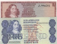 South Africa, Total 2 banknotes
1 Rand, 1973/1975, XF, p116b; 2 Rand, 1991/1983, UNC, p118c, Serial Number: B417 996085, AS2632346
Estimate: 15-30 U...