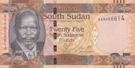 South Sudan, 25 Pounds, 2011, UNC, p8
 Serial Number: AA5056614
Estimate: 20-40 USD