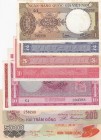 South Vietnam, Total 8 banknotes
1 Bong, 1964, UNC (-), p15a, 2 Bong, 1955, UNC, p12a; 5 Bong, 1955, XF (+), p13; 10 Dong, 1962, XF, p5a; 10 Dong, 19...