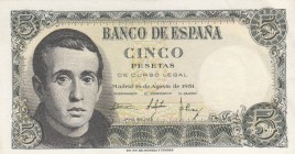Spain, 5 Pesetas, 1951, UNC (-), p140
 Serial Number: 1G1185584
Estimate: 10-20 USD