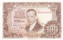 Spain, 100 Pesetas, 1953, AUNC, p145a
 Serial Number: 1P1419694
Estimate: 15-30 USD