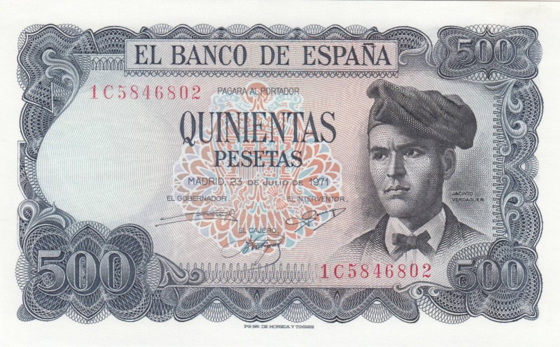 Spain, 500 Pesetas, 1971, UNC, p153
 Serial Number: 1C5846802
Estimate: 25-50 ...