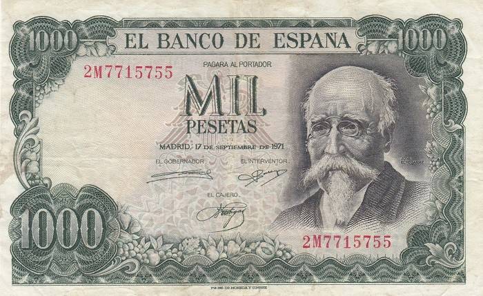 Spain, 1.000 Pesetas, 1971, VF, p154
 Serial Number: 2M7715755
Estimate: 25-50...