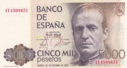 Spain, 5.000 Pesetas, 1979, UNC, p160
 Serial Number: 4Y4508651
Estimate: 50-100 USD