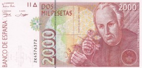 Spain, 2000 Pesetas, 1992, AUNC, p164
 Serial Number: 2K4576372
Estimate: 25-50 USD