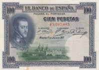 Spain, 100 Pesetas, 1925, XF (+), p69
 Serial Number: F5.097.883
Estimate: 25-50 USD