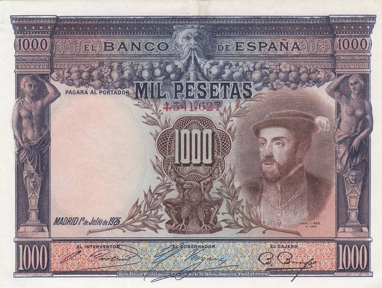 Spain, 1000 Pesetas, 1936, AUNC(-), p70c
 Serial Number: 4,341,627
Estimate: 3...