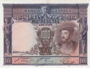 Spain, 1000 Pesetas, 1936, AUNC(-), p70c
 Serial Number: 4,341,627
Estimate: 30-60 USD