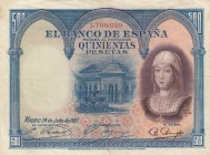 Spain, 500 Pesetas, 1936, VF, p73c
 Serial Number: 1,700,929
Estimate: 30-60 USD