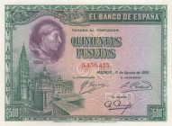 Spain, 500 Pesetas, 1928, UNC, p77
 Serial Number: 0.456.473
Estimate: 75-150 USD