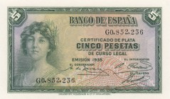 Spain, 5 Pesetas, 1935, UNC, p85a
 Serial Number: G0852236
Estimate: 15-30 USD