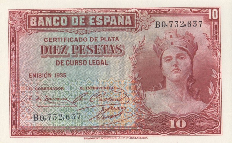 Spain, 10 Pesetas, 1935, UNC, p86
 Serial Number: BO.732.637
Estimate: 20-40 U...