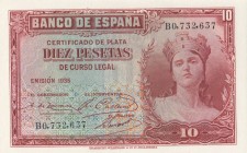 Spain, 10 Pesetas, 1935, UNC, p86
 Serial Number: BO.732.637
Estimate: 20-40 USD
