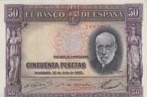 Spain, 50 Pesetas , 1935, AUNC, p88
 Serial Number: 7883863
Estimate: 25-50 USD