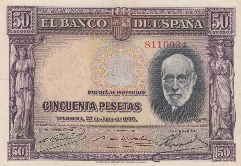 Spain, 50 Pesetas, 1935, XF (+), p88a
 Serial Number: 8116934
Estimate: 10-20 ...