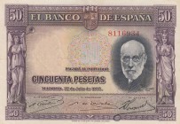 Spain, 50 Pesetas, 1935, XF (+), p88a
 Serial Number: 8116934
Estimate: 10-20 USD