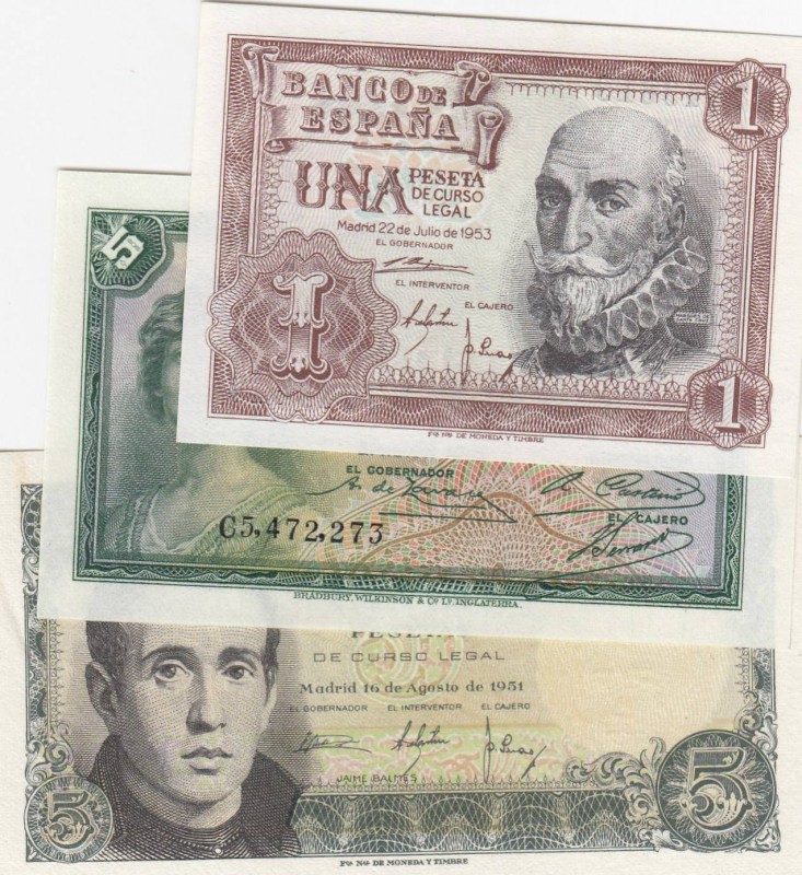 Spain, 1 Peseta and 5 Pesetas, 1935/1953, UNC, (Total 3 banknotes)
Estimate: 15...