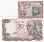 Spain, Total 2 banknotes
1 Peseta, 1953, UNC, p144; 100 Peseta, 1970, UNC(-), p152 
Estimate: 10-20 USD