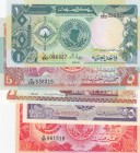 Sudan, Total 5 banknotes
1 Pound, 1987, UNC, p39; 5 Pounds, 1991, UNC, p45; 5 Dinars, 1993, UNC, p51; 25 Piastres, 1987, UNC, p37; 50 Piastres, 1987,...