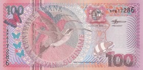 Suriname, 100 Gulden, 2000, UNC, p149
 Serial Number: AP617286
Estimate: 10-20 USD