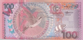 Suriname, 100 Gulden, 2000, UNC, p149
 Serial Number: AR554092
Estimate: 10-20 USD