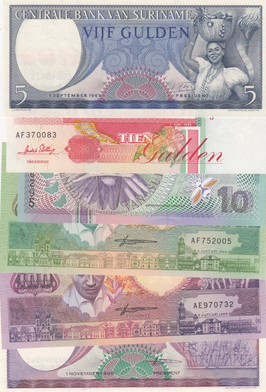 Suriname, Total 6 banknotes
5 Gulden, 1963, UNC, p120; 10 Gulden 1995, UNC, p13...