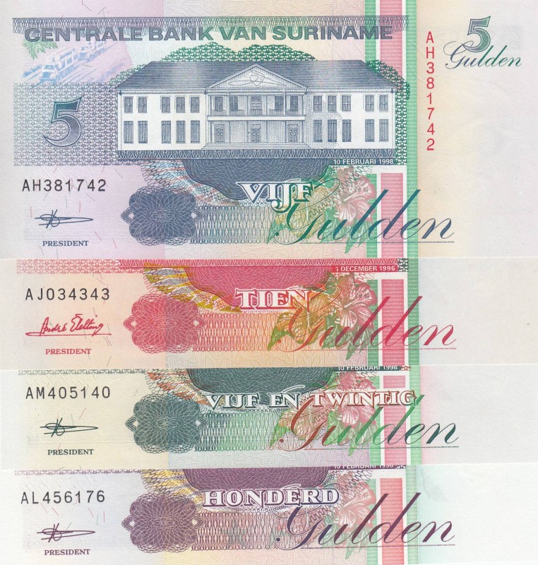 Suriname, Total 4 banknotes
5 Gulden, 1998, UNC, p136b; 10 Gulden, 1996, UNC, p...