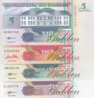 Suriname, Total 4 banknotes
5 Gulden, 1998, UNC, p136b; 10 Gulden, 1996, UNC, p137b; 25 Gulden, 1998, UNC, p138d; 100 Gulden, 1998, UNC, p139b
Estim...