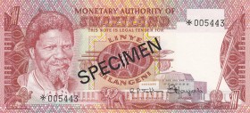 Swaziland, 1 Lilangeni, 1974, UNC, p1s, SPECIMEN
 Serial Number: 5443
Estimate: 15-30 USD