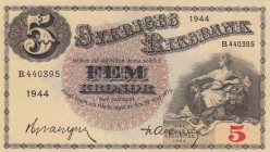 Sweden, 5 Kronor, 1944, UNC, p33aa
 Serial Number: B.440395
Estimate: 25-50 USD