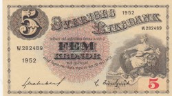 Sweden, 5 Kronor, 1952, UNC, p33ai
 Serial Number: W.282489
Estimate: 25-50 USD