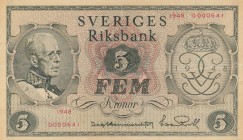 Sweden, 5 Kronor, 1948, XF, p41
 Serial Number: 0000641
Estimate: 20-40 USD