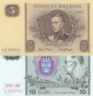 Sweden, Total 2 banknotes
5 Kronor, 1963, XF, p50b; 10 Kronor, 1980, UNC (-), p52 
Estimate: 15-30 USD