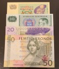Sweden, Total 4 banknotes
5 Kronor, 1977, UNC, p51d; 10 Kronor, 1971, AUNC, p52c; 20 Kronor, 2006/2011, XF, p63c; 50 Kronor, 2008/2011, XF, p64c
Est...