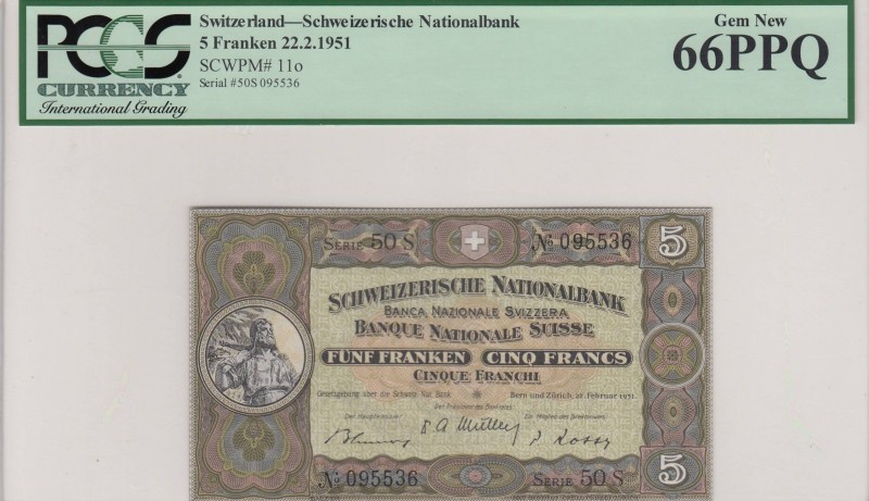 Switzerland, 5 Franken, 1951, UNC, p11o
PCGS 66 PPQ, Serial Number: 50s 095536...