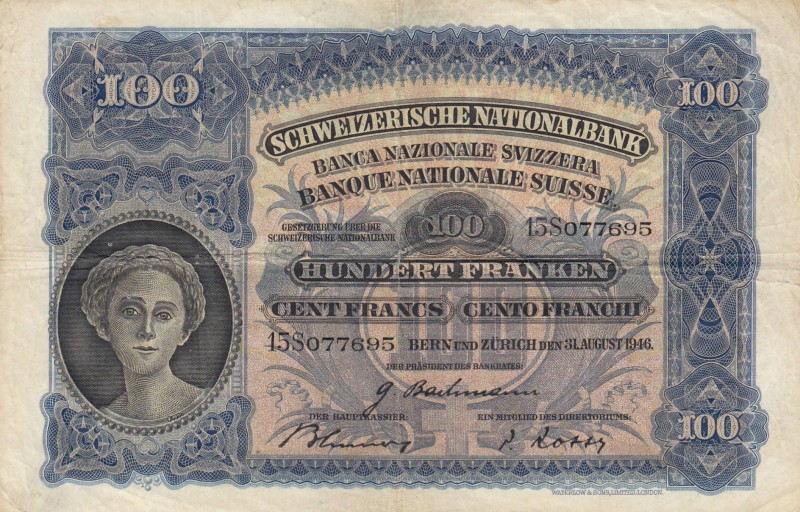 Switzerland, 100 Franken, 1946, VF, p35t
There are pinholes, Serial Number: 15S...